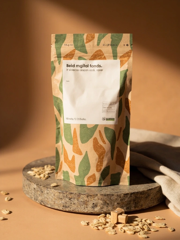 A flat-bottom kraft paper pouch of breakfast muesli, styled as a printed specimen on stone.